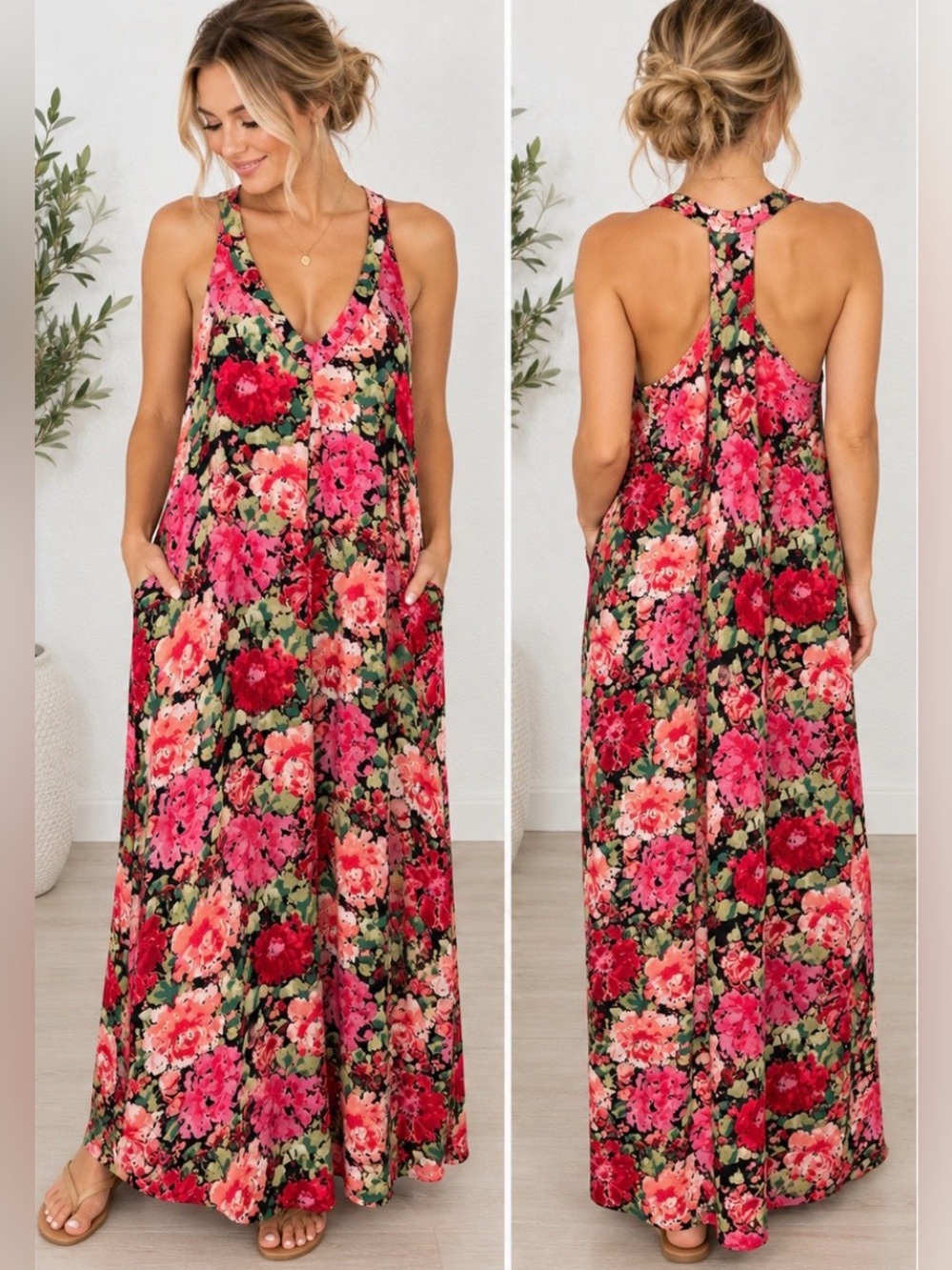Lovestitch Floral V Neck Racerback Maxi Dress Pockets Pink Red Floral NWT S